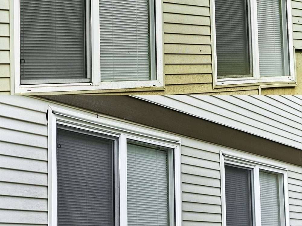 The difference house washing provides between a clean and a dirty house on the window area.